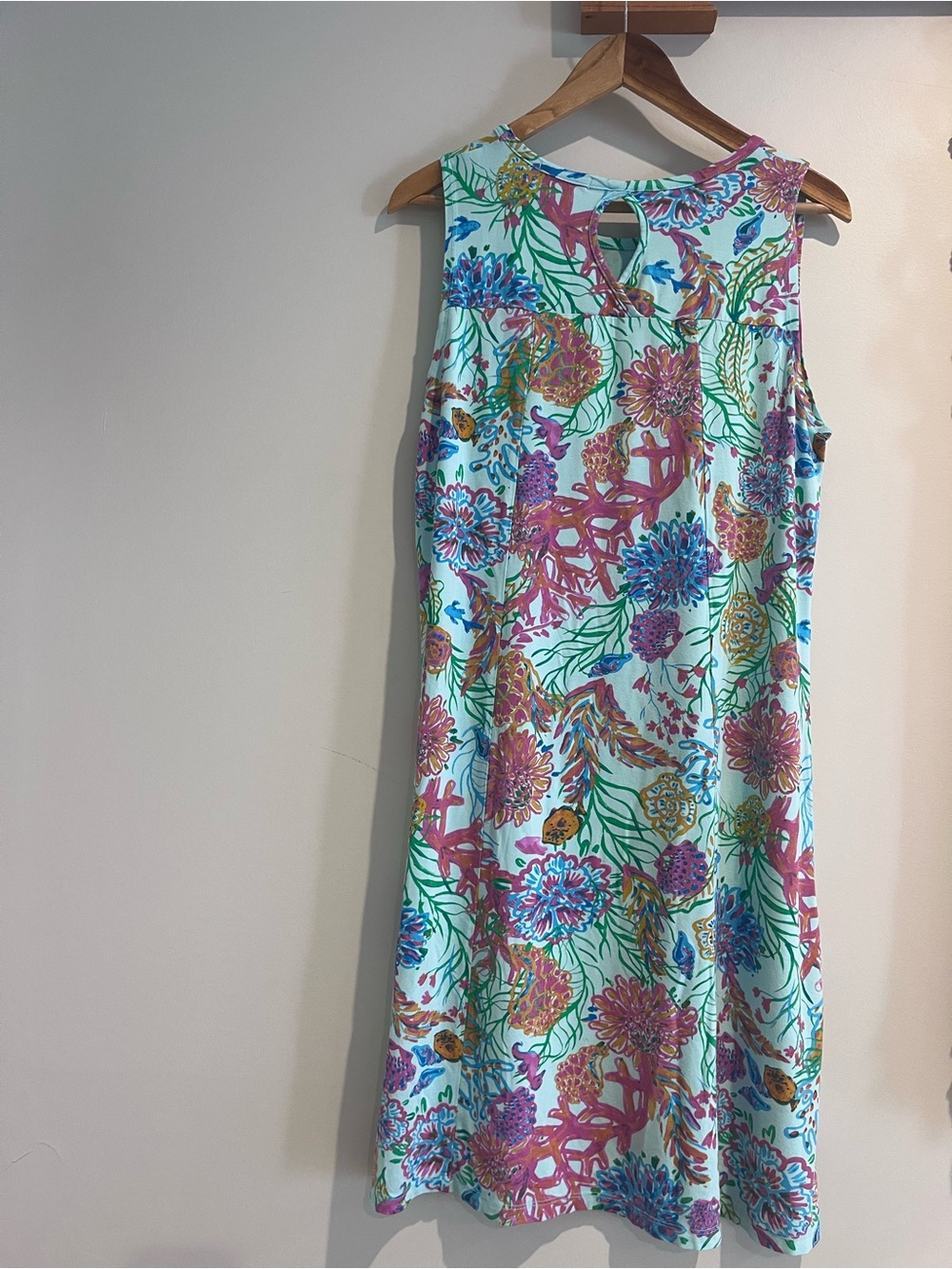 Fresh Produce LARGE Turquoise Aqua Sleeveless Tank Dress Sea Fish Coral Print - Picture 2 of 10